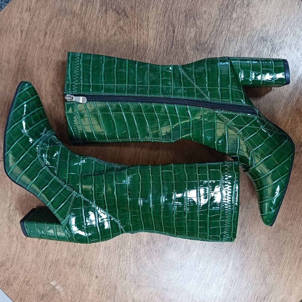 Emerald Green Croc Embossed Mid-Calf Boots Retro Glam Y2K Size EU 39 US 8.5 - Picture 2 of 11